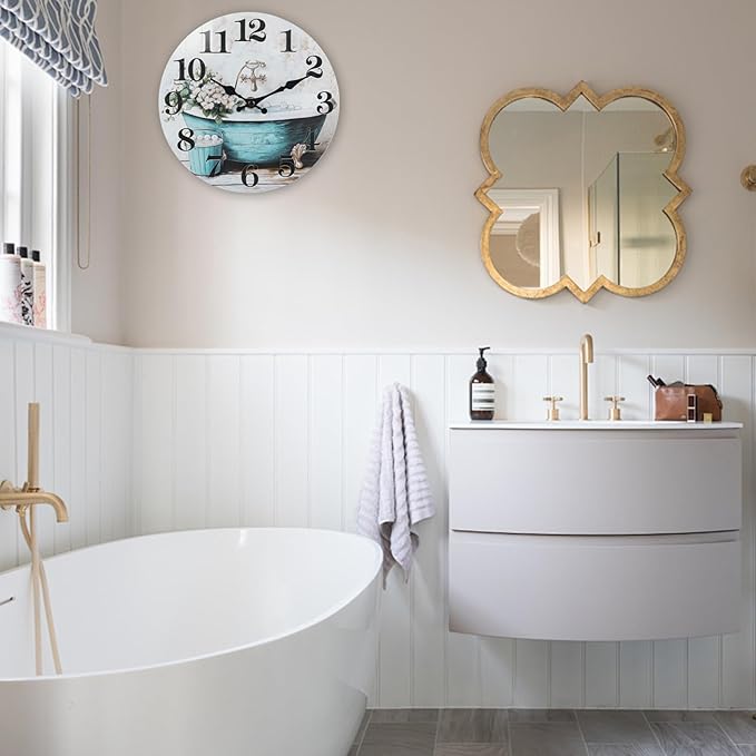 Decorative Bathroom Wall Clock, Rustic Style Waterproof Glass Wall Clock