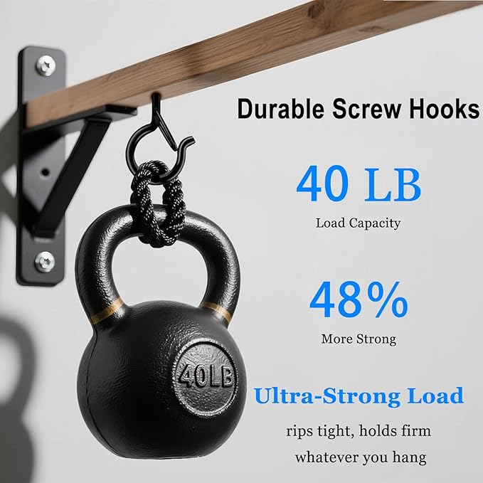 6 Pack Black Screw Hooks with Safety Buckle - 2.3 Inch Rustproof Eye Ceiling Hooks for Hanging Plants,Outdoor String Lights,Baskets,Christmas Lights & Decor,40lb Capacity (6, Black)