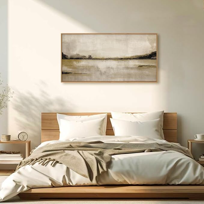KAIRNE Neutral Abstract Landscape Framed Canvas Wall Art Set, Retro Mountain Lake Wall Decor, Vintage Tan Scenery Art Prints, Modern Nature Artwork for Living Room,Bedroom,Farmhouse,Office-40 x20 x1