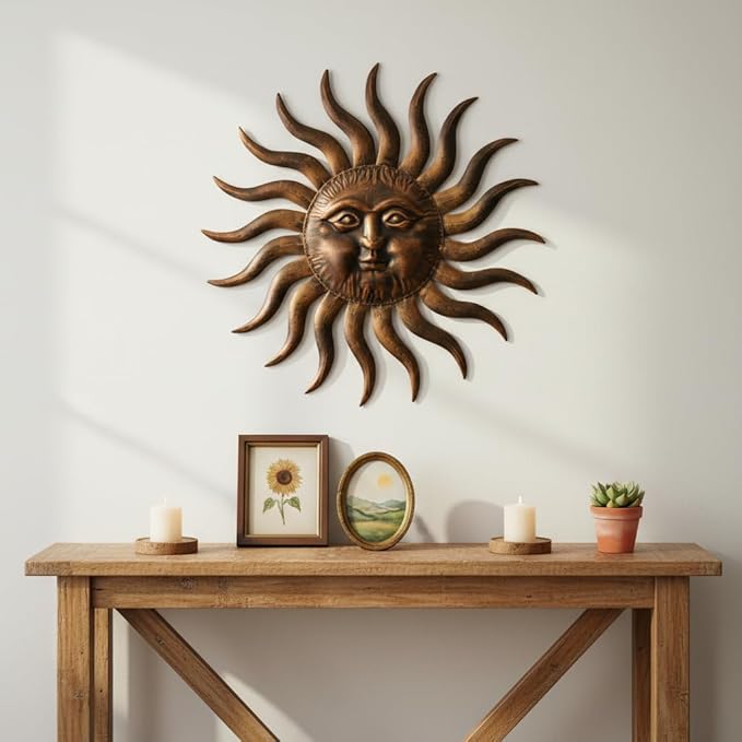 Comfy Hour 31" Sun Wall Decor, Large Metal Sun Wall Art for Outdoor Patio and Indoor Living Room, 3D Decorative Sunface Sculpture for Fence House and Yard, Artisan Crafted Iron Accent, Bronze Finish
