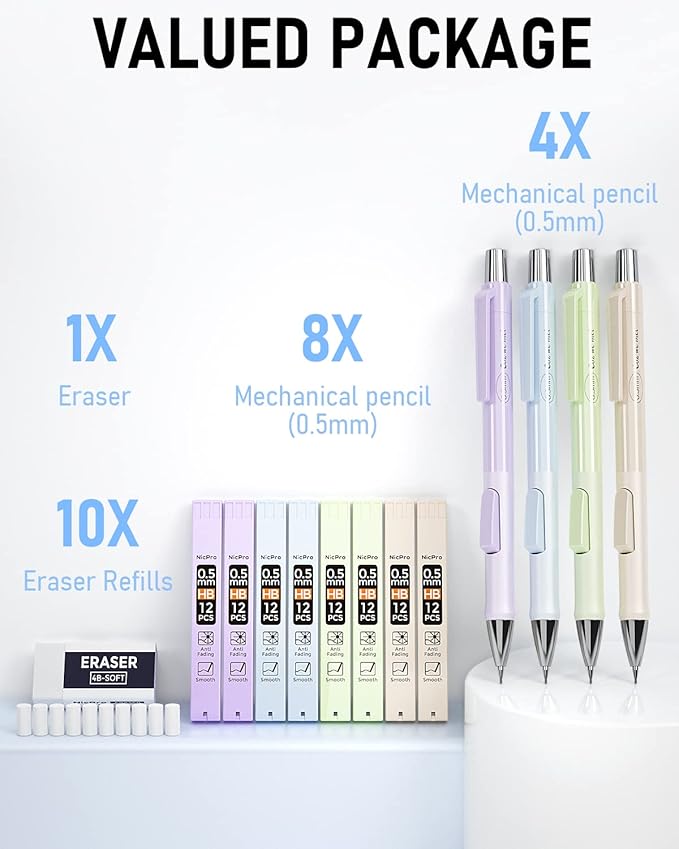 Nicpro 4PCS Pastel Mechanical Pencil 0.5mm, Cute Fast Click Mechanical Pencils Set with 100PCS HB Lead Refills, Erasers and Eraser Refills, Aesthetic School Supplies for Writing, Drawing, Sketching