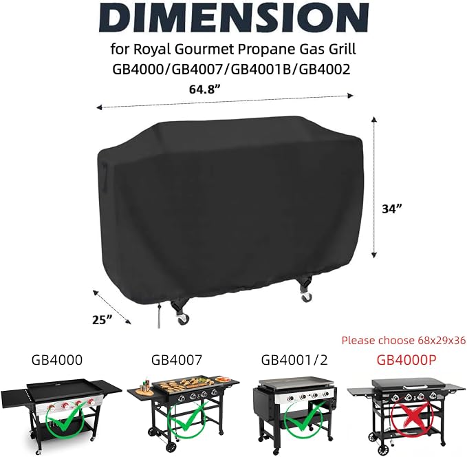 Flat Top Grill Cover for Royal Goumet GB4000/GB4007/GB4001B/GB4002 2018-2024 Propane Gas Grill, Waterproof 36 Inch Griddle Cover for Char-Griller Flat Iron 4-Burner Grill -64.8 x 25 x 34