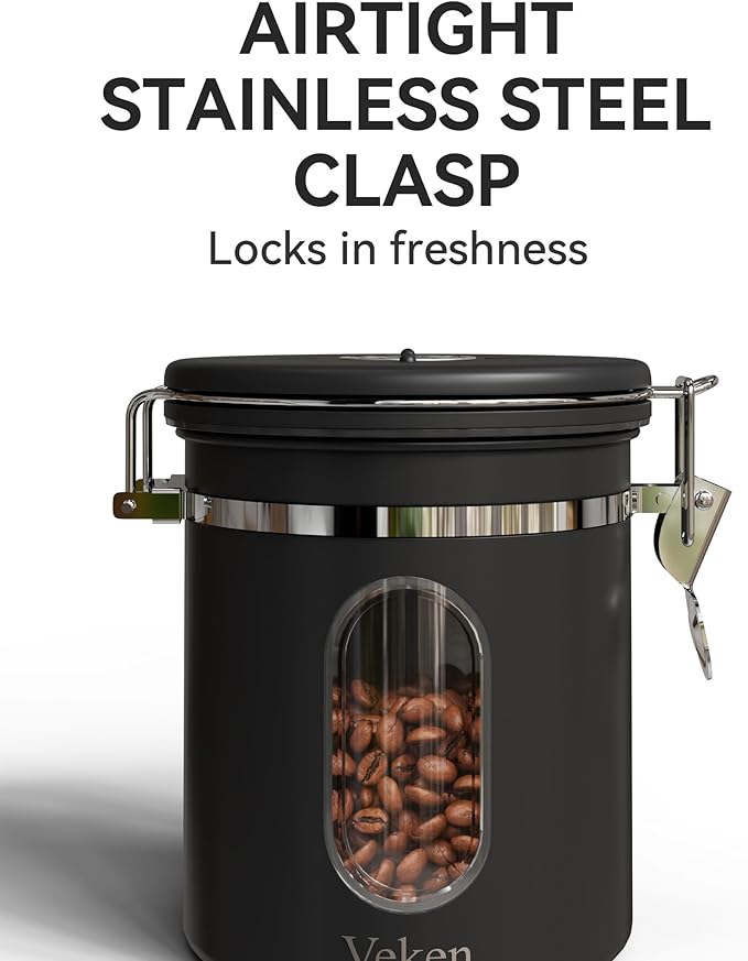 Veken Coffee Canister with Window, Airtight Stainless Steel Kitchen Food Storage Container with Lids, Date Tracker and Scoop for Grounds Coffee, Beans, Tea, Flour, Cereal, Sugar Jars, 16OZ, Black