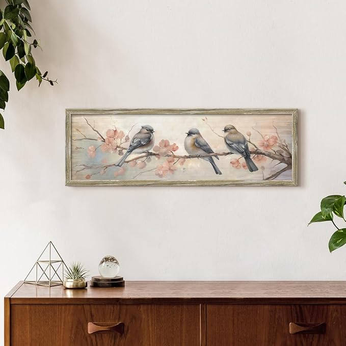 Rustic Chickadee Framed Wall Art: Vintage Bird Wooden Painting Colorful Cute Sparrow Picture Pink Flower Branch Prints Countryside Artwork Decor for Living Room Bedroom Farmhouse