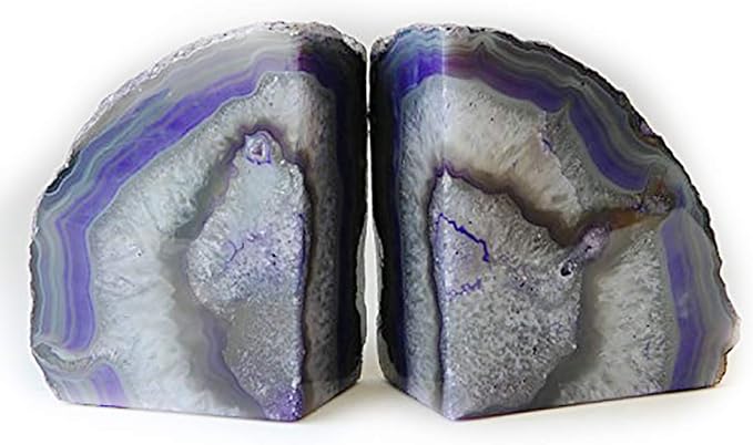 JIC Gem Book Ends for Shelves Dyed Purple Agate Bookends Natural Geode Brazilian Rock Stone Book Ends Decorative with Rubber Bumpers Small Size(1 Pair, 2-3 LBS)