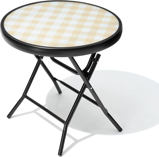 Foldable Patio Side Tables, 17.7" Small End Table Outdoor Weatherproof, Round Glass Top Outside Folding Table for Poolside, Balcony, Yard, Porchï¼Yellowï¼