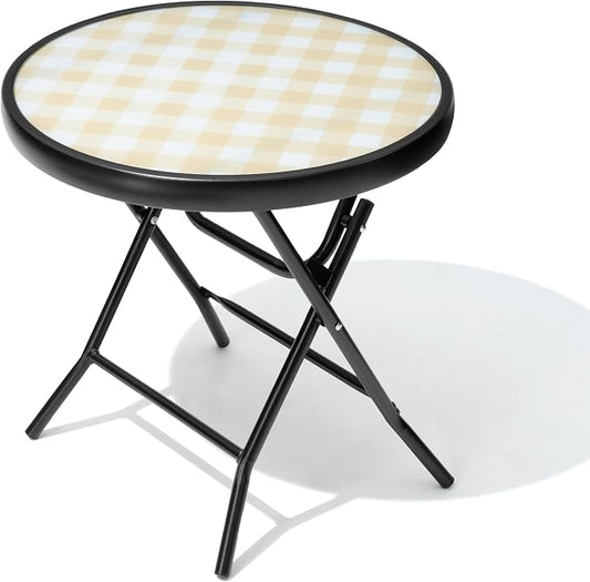Foldable Patio Side Tables, 17.7" Small End Table Outdoor Weatherproof, Round Glass Top Outside Folding Table for Poolside, Balcony, Yard, Porchï¼Yellowï¼