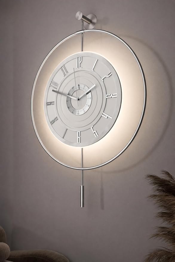 Large Luxury LED Backlit Wall Clock – Pendulum Roman Numeral Metal Ring