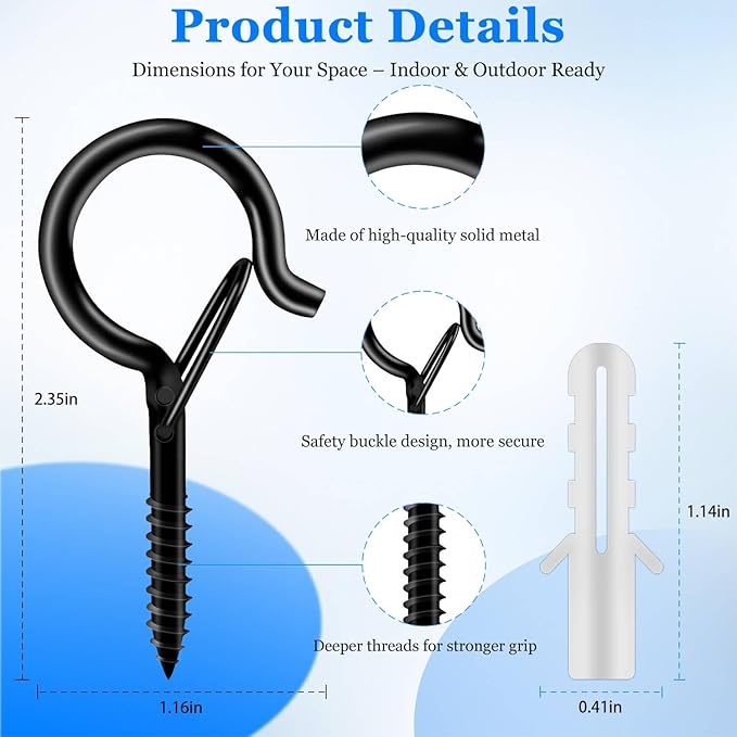 24 Pack Black Screw Hooks with Safety Buckle - 2.3 Inch Rustproof Eye Ceiling Hooks for Hanging Plants,Outdoor String Lights,Baskets,Christmas Lights & Decor,40lb Capacity (24, Black)