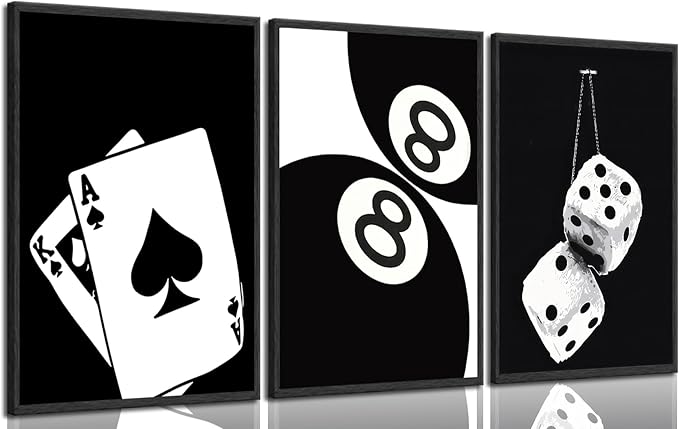 3Pcs Black and White Poker Dice Canvas Wall Art Lucky You Poster Prints Trendy