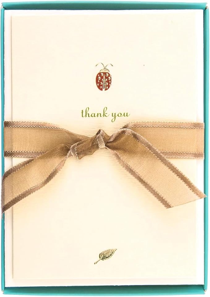 Graphique Ladybug La Petite Presse Boxed Notecards - 10 Embossed and Embellished Gold Foil Ladybug "Thank You" Notes with Matching Envelopes, 3.25" x 4.75"