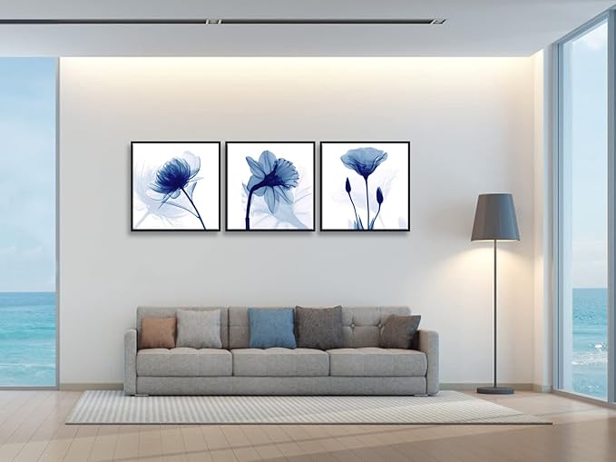 Wieco Art Framed Wall Art Blue Abstract Flowers 3 Panels Canvas Prints Home Art