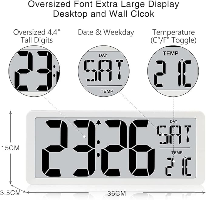TXL 14.2" Large Digital Day Wall Clock, Custom 8 Languages Calendar, Count