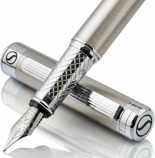Scriveiner Stainless Steel Fountain Pen - Stunning Luxury Pen with Steel Finish, Schmidt Steel Nib (Medium), Pen Gift Set for Men & Women, Professional, Executive Office, Nice Designer Pens
