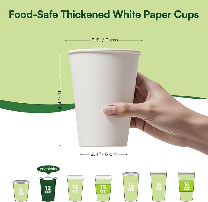 12 oz Coffee Cups Disposable White Paper Cups, 100 Pack BPA Free Leak Proof Hot Cups, 300GSM Thickened Disposable Cups,Unbleached Hot Cold Drink Cups for Everyday Home Office Coffee Bar Party Supplies