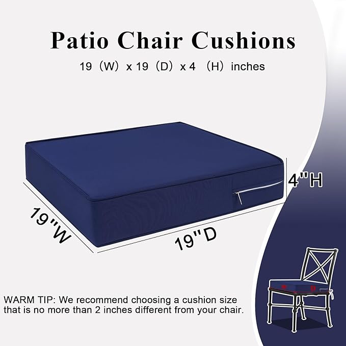 Outdoor Chair Cushions 19x19x4 Inch, Waterproof Blue Patio Furniture Cushions Set of 2 with Ties & Handle, 3 Year Color Fastness Square Replacement Seat Cushions for Sofa, Couch