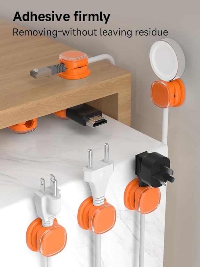 Magnetic Cable Clips, Adjustable Cord Holder Management, Adhesive Wire Keeper Organizer for Home Office Desk Phone PC Car Wall Desktop Nightstand Appliance (9-PCS Orange)