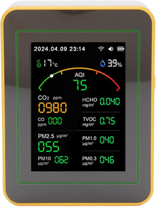 Eujgoov Air Quality Detector, 15 in 1 WiFi APP Control CO2 HCHO TVOC PM2.5 PM10 Temperature Humidity Monitor, with Smart Timer and Real Time Data, for Indoor Air Quality Tester (White Yellow)