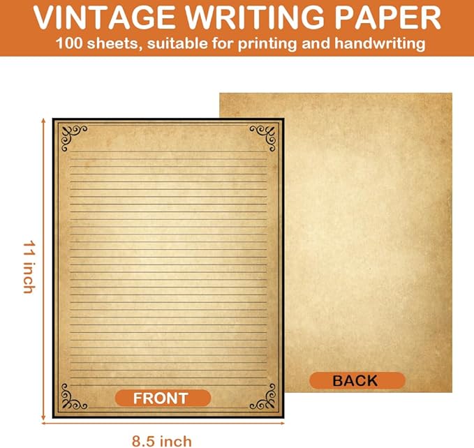 Vintage Lined Paper with Antique Border Design, 100 Sheets, Stationary Paper for Writing Letters, 100gsm, 11 x 8.5'', Aged Stationery for Writing Letters, Invitations, Stationery Writing Papers