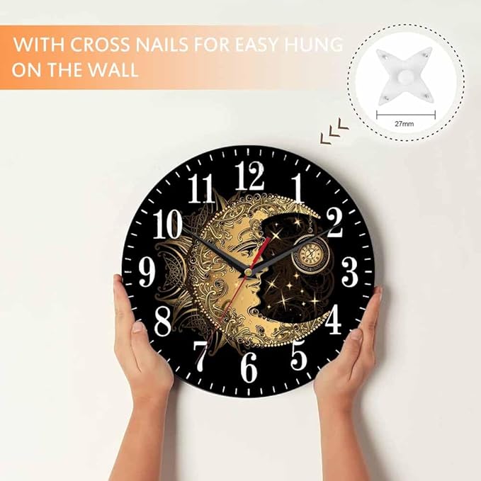 Mxocom Crescent Moon Wall Clock Boho Chic Golden Sun Ethnic Retro Night Black