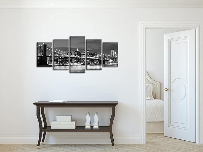 Wieco Art New York Brooklyn Bridge Canvas Wall Art Night View 5 Panels Modern