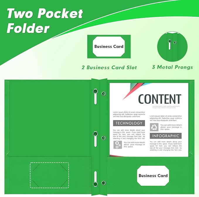 Two Pocket Folders, PANDRI 30 Pack Two Pocket Folders with Prongs, 3 Prong Folders Designed for Office and Classroom, Letter Size Green