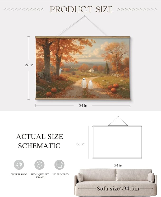 ARPEOTCY Extra Large Vintage Framed Wall Art, 36x54 Inch Halloween Wall Art Canvas, Vintage Autumn Landscape with Cute Ghosts and Pumpkins, Large Farmhouse Fall Wall Decor for Living Room Fireplace Entryway