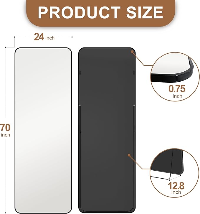Delma Full Length Mirror, Wall Mounted, Freestanding or Leaning, Rounded