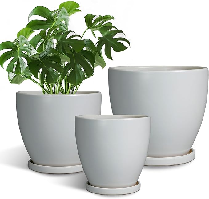 Ceramic Plant Pots - 10+8+6 Inch Modern Round Planters for Indoor Outdoor, Flower Pots with Drainage Holes and Plant Saucers, House Office Decor, Gardening Gifts, Set of 3, Grey