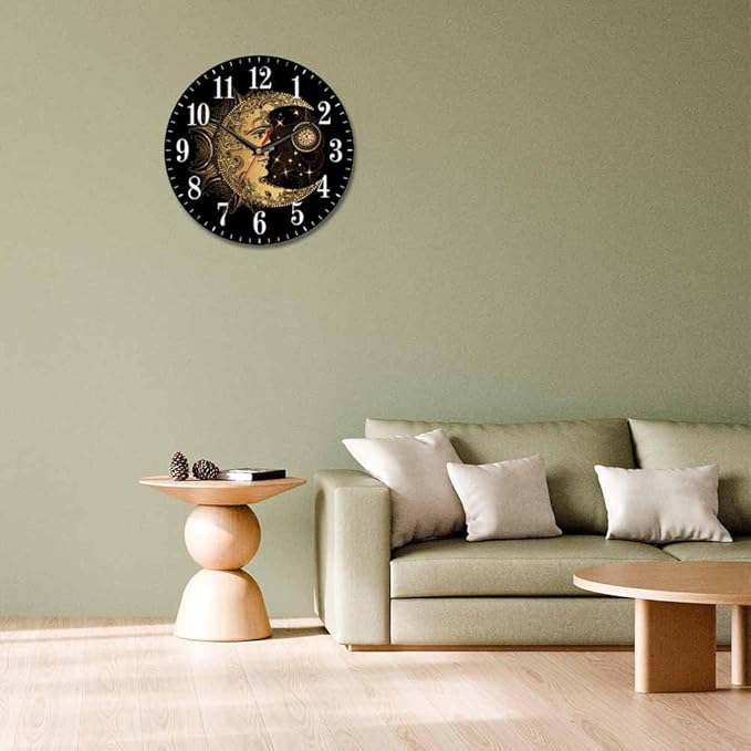 Mxocom Crescent Moon Wall Clock Boho Chic Golden Sun Ethnic Retro Night Black