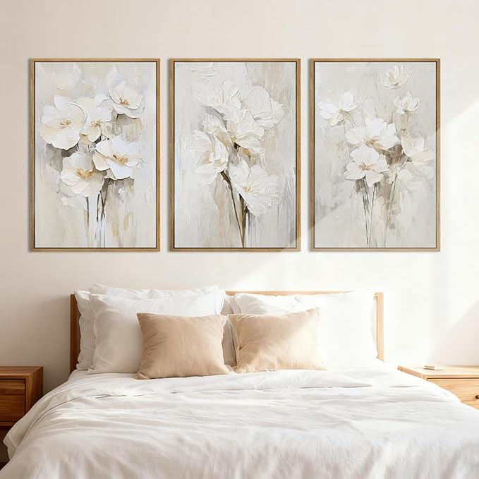 Anyzal Extra Large Beige Floral Framed Wall Art 24x36 Inch Neutral White Flower Canvas Wall Art Farmhouse Wildflower botanical Artwork for Living Room Bedroom Dining Room Set of 3