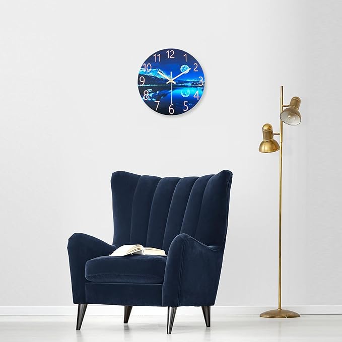 Blue Wall Clock for Bedroom 12 Inch Natural Landscape Round Analog Clock