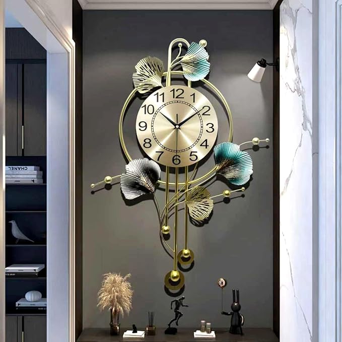 Wall Clocks for Living Room Decor, Unique 3D Metal Iron Ginkgo Leaf Wall Art