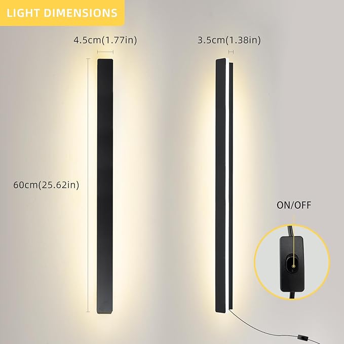 KELUOLY Modern Plug in Wall Sconces, 23.6 inch Frosted Black LED Long Wall