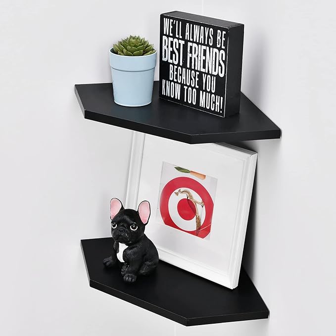 WELLAND 12-Inch Black Floating Corner Shelves Set of 2, Wall Mounted Storage