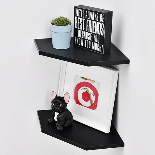 WELLAND 12-Inch Black Floating Corner Shelves Set of 2, Wall Mounted Storage