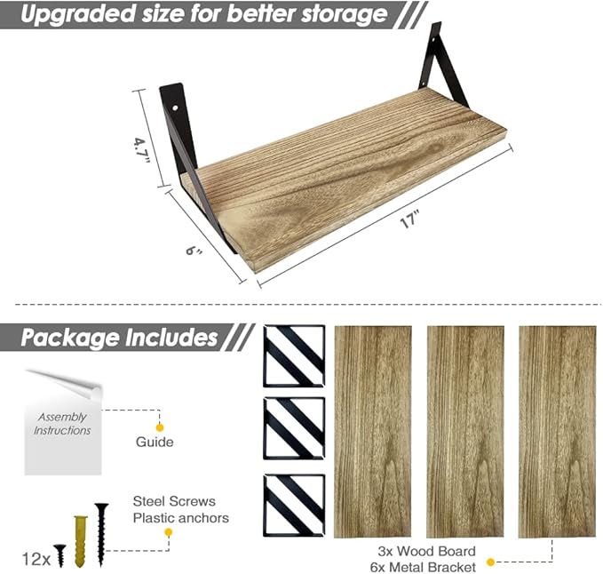Floating Shelves with Black Metal Brackets Set of 3, Light Wood Wall Bookshelf