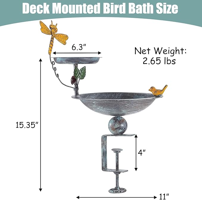 Bird Bath for Deck Railing and Balcony, 2 in 1 Bird Feeders for Outdoors with Heavy Duty Clamp, Unique for Outside and Silver Birdfeeder Suitable for Garden Porch Backyard