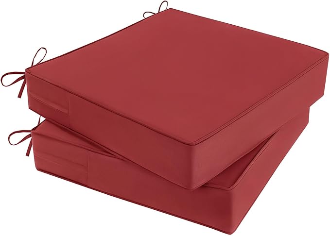 Outdoor Chair Cushions 19x19x4 Inch, Waterproof Red Patio Furniture Cushions Set of 2 with Ties & Handle, 3 Year Color Fastness Square Replacement Seat Cushions for Sofa, Couch