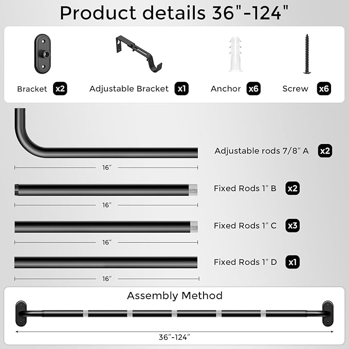Curtain Rods 36-120 Inch, 1 Inch Adjustable Long Heavy Duty Room Darkening