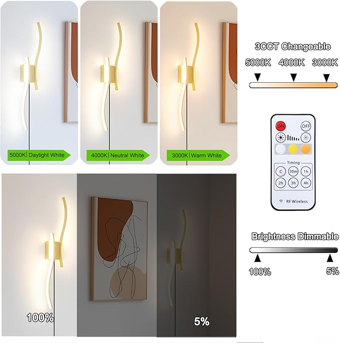Daunton Modern Plug in Wall Sconce Set of 2, 3CCT Adjustable & Memory Function