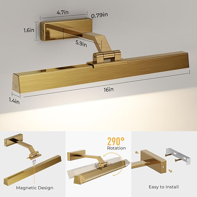 Afyuol Picture Lights for Wall, Brass Battery Operated Picture Light 16in Art