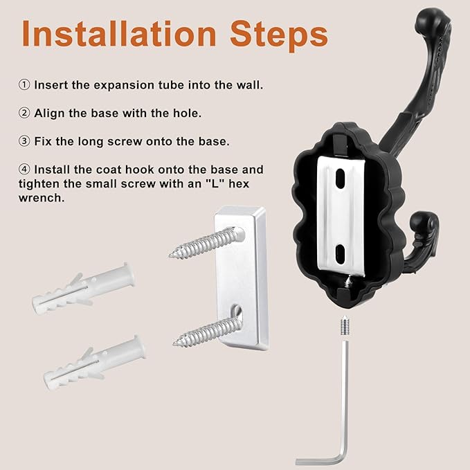 Zonon 8 Pcs Black Wall Hooks Set Vintage Coat & Towel Hooks