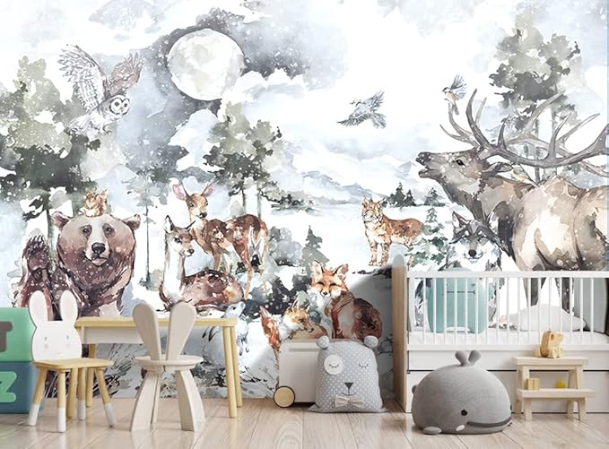 Boys or Girls Cartoon Watercolor Animals wallpeper Nursery Kids Bedroom wall