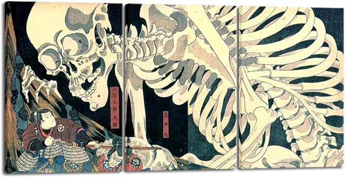 Wieco Art 3 Piece Witch and Skeleton Ukiyo-E by Utagawa Takiyasha Historic