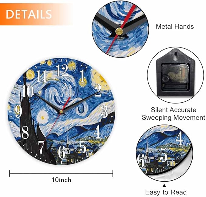 Mxocom The Starry Night Wall Clock Art Oil Painting Moon Mountain Village Van