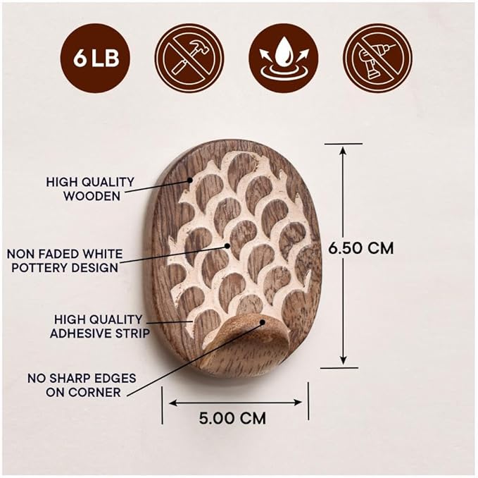 IndianShelf 6 Lb- 24 Pieces Decorative Wood Adhesive Wall Hooks–Boho Peel and