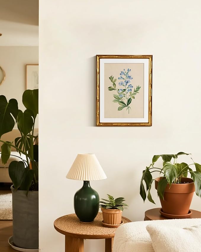 InSimSea Gold Bamboo Framed Canvas Wall Art, Vintage Rosa Chiba Flower