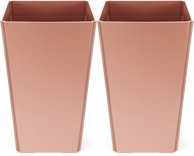 Briwooody Set of 2 15.75 Inch Large Taper Planters Outdoor Indoor Tall Resin Flower Pots with Drainage Holes Modern for Front Door Patio Backyard Plants (Gold Pink)