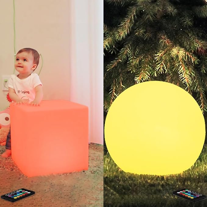 14-in LED Cube Seat & 20-in LED Globe Orb Light, Rechargeable Globe Floor Lamp Cube Chair for Kid w/Remote, Versatile Light Up Side Table Glowing Ball Lights for Home Garden Patio Lawn Party Decor